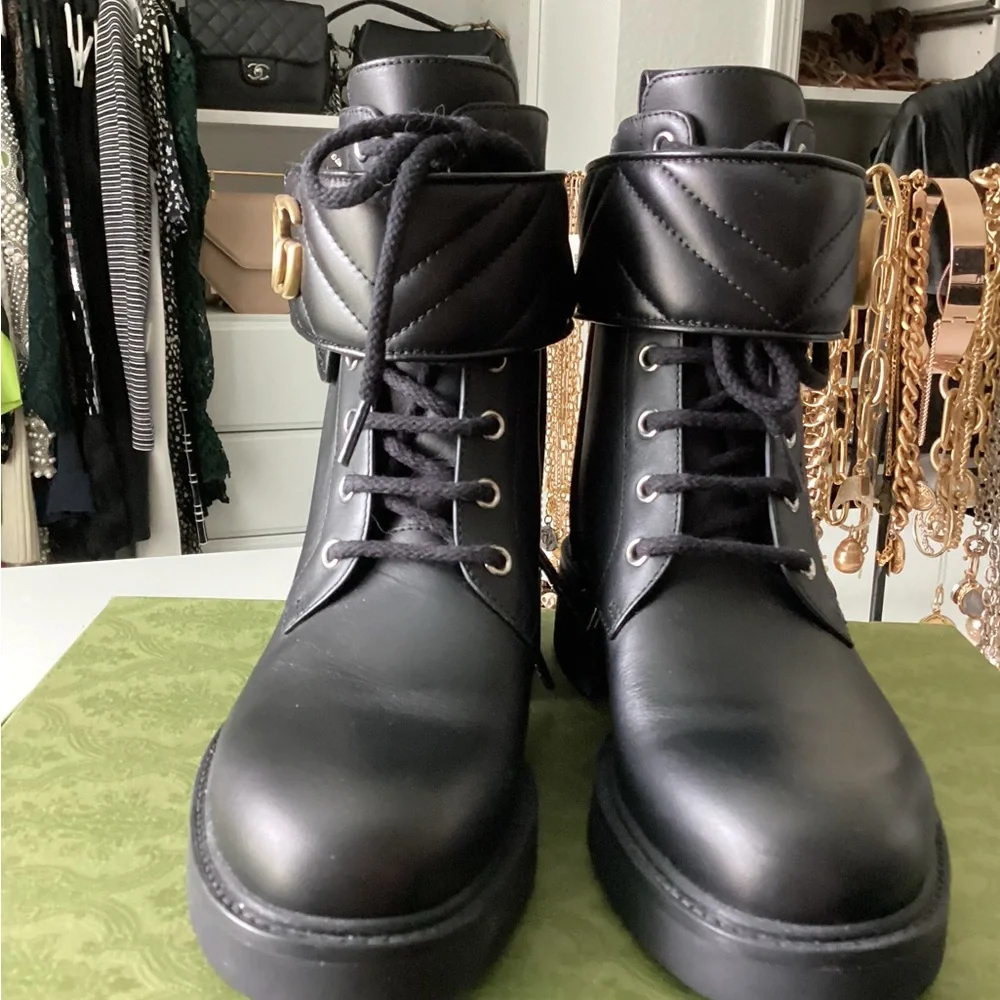 Gucci Black Combat Moto Boots with GG Logo - Picture 6 of 14